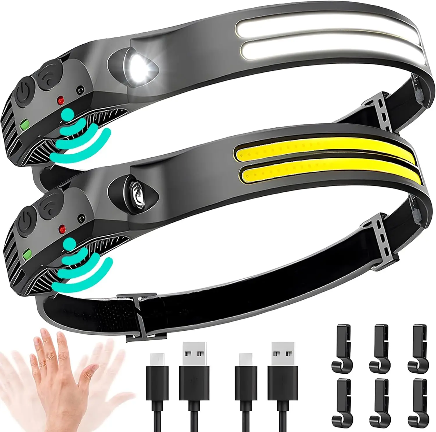 Rechargeable Headlamp 2-Pack, COB LED Headband with 230° Wide-Beam, USB C Flashlight with 6 Hard Hat Clips for Work, Camping & Running, 230° Wide-Beam Illumination, 4-8 Hours, 6 Buckles