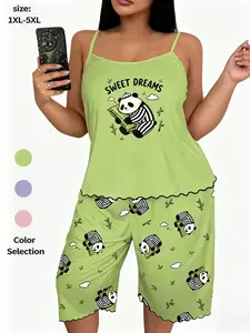 Plus Size Women's Fashion Casual Wearable Pajama Set, Soft Knit Comfort, Cute Cartoon Panda Print Tank Top & Three-Quarter Pants, Two-Piece Lounge Set