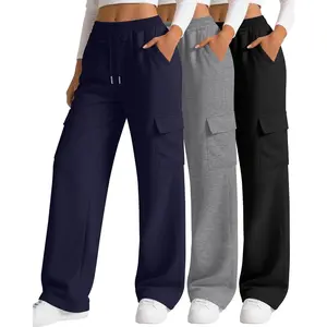 3 Pack Women's Cargo Sweatpants Wide Leg Baggy Loose Elastic Drawstring Pants Casual Athletic Joggers with 4 Pockets