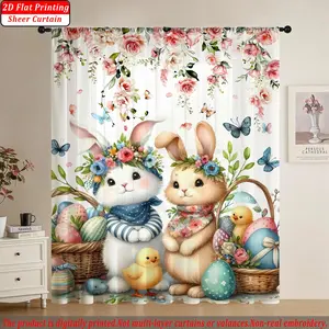 Easter Themed Digital Print Sheer Curtain, Cute Bunny Chick Butterfly Rose Design, Washable Polyester Fabric, Home Window Decor, Home Decoration Curtain