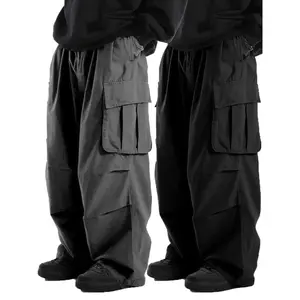 ��plus Size�� Men's Solid Elastic Waist Cargo Pocket Pants, Casual Comfy Baggy Trousers for Daily Wear, Men's Bottoms for All Seasons, Oversized Pants for Men