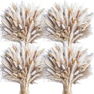 NortureFlora 100pcs/200pcs/300pcs/400pcs Pampas Grass & Bunny Tail Bouquet – Boho Dried Flowers for Wedding Season, Graduation Celebrations, Summer Decor & Table Styling