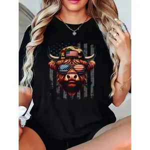 Casual Highland Cow Graphic Tee Featuring July Fourth USA Flag Design For Men And Women