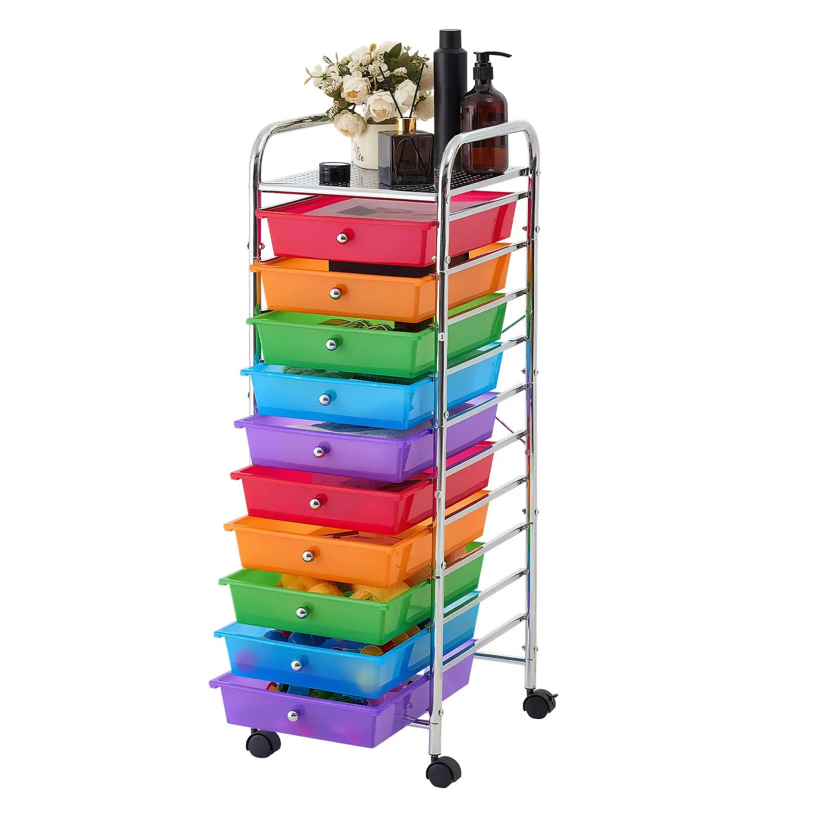 VEVOR 10-Drawer Rolling Storage Cart Organizer, Steel Frame Mobile Utility Cart with Universal Rolling Wheels, 2 Brakes & Racks, Single Unit Ideal for Office/Studio, Home Organizer Storage Holder & Rack (Rainbow)