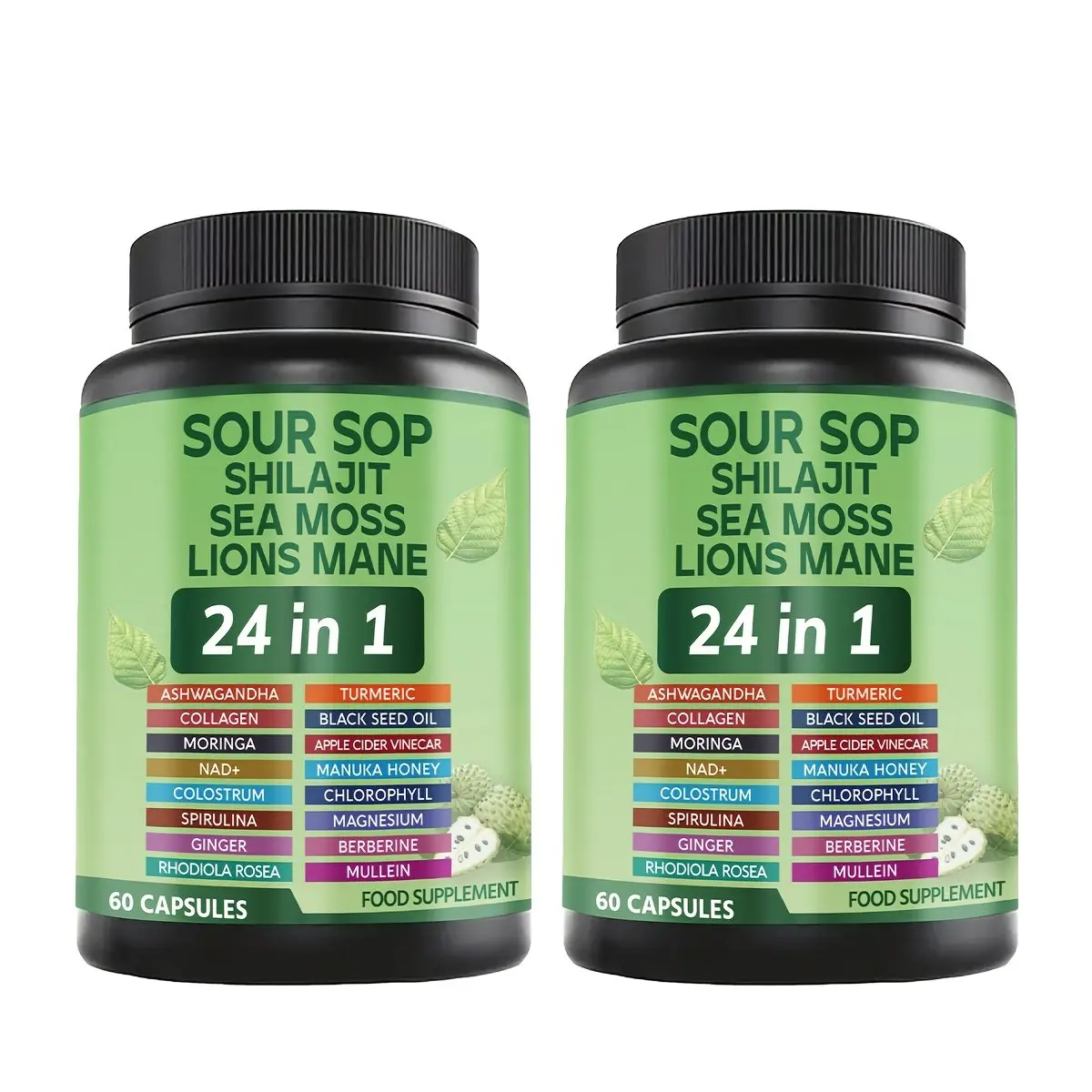 2 Pack - 24-in-1 Soursop Capsules with Vitamin D3, Sea Moss, Shilajit, Lion's Mane, Black Seed Oil, Chlorophyll and Turmeric - Gluten Free Formula