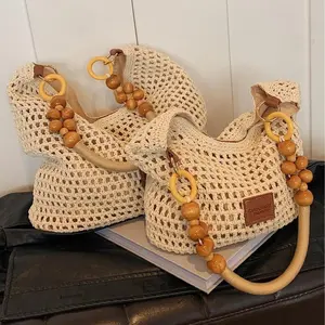Elegant Crocheted Crossbody Bag for Women | Stylish Shoulder Bag with Wooden Bead Handles, Casual Trendy Versatile High-Quality Purse for Daily Commute & Everyday Use