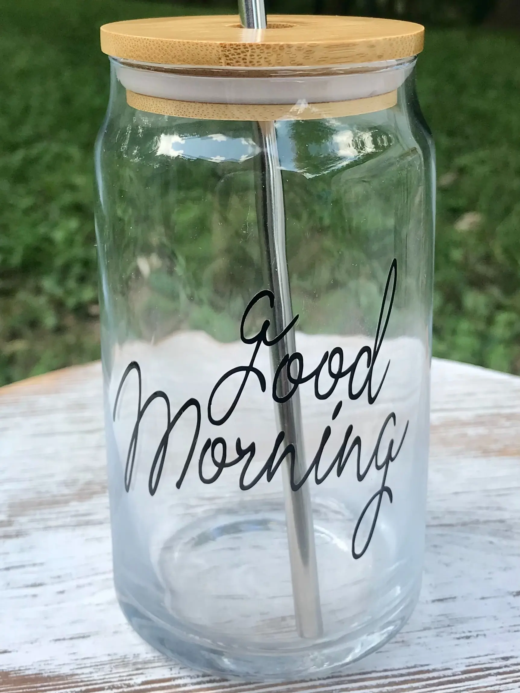 16oz Clear Glass "Good Morning" Cup with Bamboo Lid & Metal Straw - Drinkware Customized Handmade