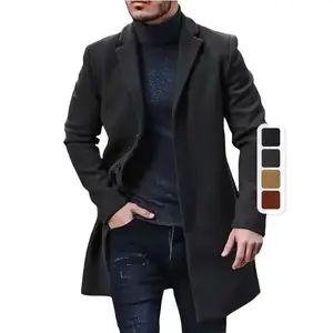 1pc Men'S Plus Size Casual Work Trench Coat, Solid Color Polyester Lapel Long Coat with Buttons, Non-Stretch Woven Fabric, Loose Fit for Spring/Fall Collar Menswear Tops Jackets Overgarment Beige Black Workwear