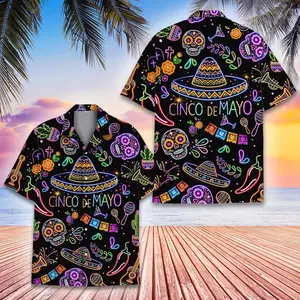 Neon Cinco De Mayo Hawaiian Shirt, Glow Party Style Mexican Skull and Sombrero Button Down Shirt, Cinco De Mayo Party Banner Festival Aloha Shirt for Adults and Youth