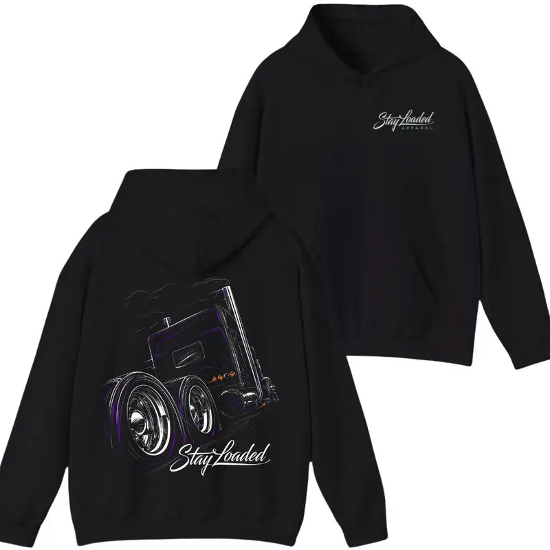 Stay Loaded Neon Truck Hoodie – Bold Big Rig Graphic Pullover, Trendy Fall Streetwear for Men & Women, Comfortable Casual Hoodie for Truck Enthusiasts & Drivers🚛💥 Black Long Sleeve