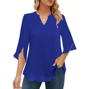 Women's 3/4 sleeve chiffon shirt, suitable for casual wear, V-neck double-layer chiffon shirt