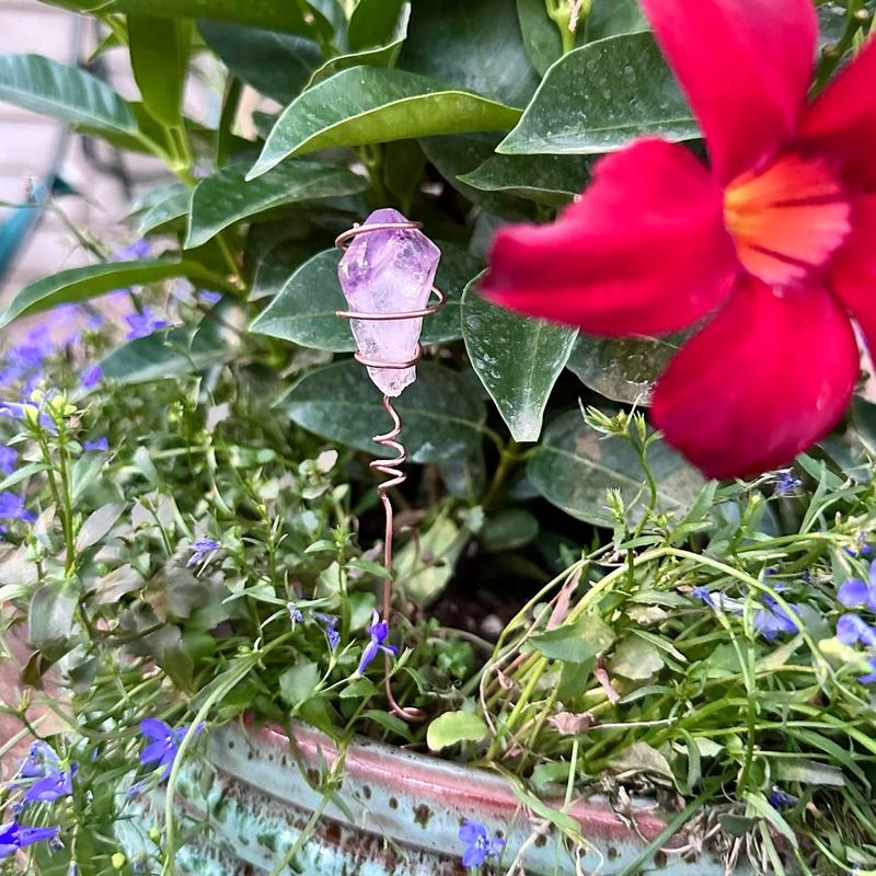 Pure Copper Electroculture plant spikes~potted plant stakes for better plant growth~whimsical wire wrapped crystal garden decor~gemstone garden spikes