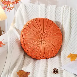 Round Pleated  Throw Pillow, 1 Pack Decorative Accent Pumpkin Pillow Cushion for Couch Sofa Chair Bed   Decor (14.5 Inch, Orange)