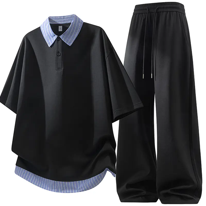 Men's Collegiate Style 2-Piece Set, Faux Layered Shortsleeve Top with Contrasting Collar and Long Pants, Casual Menswear Summer Outfit, Stylish, Trouser, Clothes