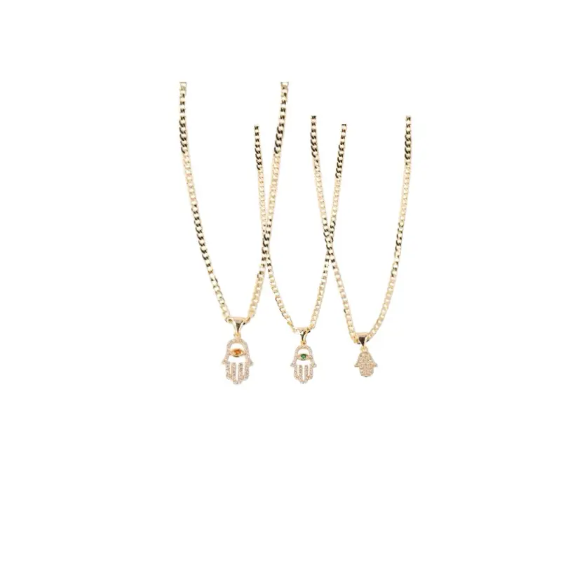 Women's Hamsa Hand Pendant Cuban Chain Necklaces, 2mm Iced Stones Design, 16"/20" Length Options, Metal-Coated Universal-Size Female Daily Costume Jewelry Accessory