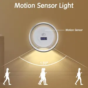 LED Motion Sensor Night Light with Clock Display, Adjustable Three-Color Wall Lamp, Wireless Rechargeable, Bathroom, Staircase, Hallway