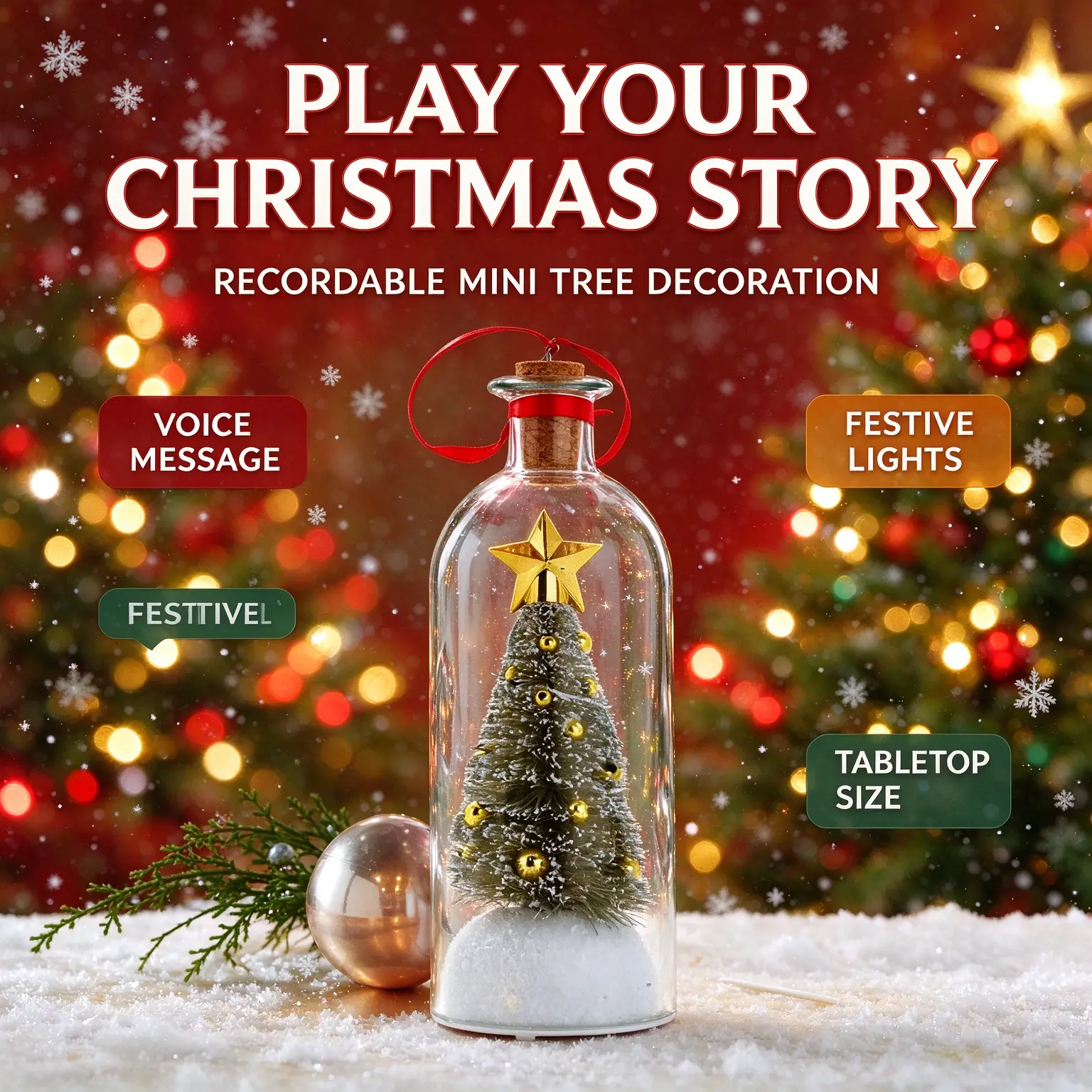 Recordable Mini Christmas Tree in Glass Bottle - Voice Message Keepsake Ornament,  Tabletop Festive Decor Gift for Home Party Supplies