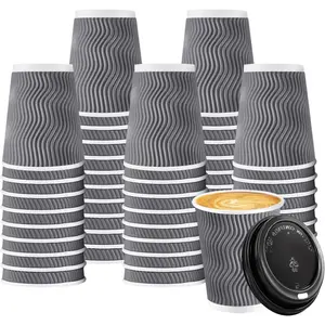 100 Pack 8 oz Coffee Cups with , Disposable Insulated Hot Cups To Go Paper Coffee Cups, Corrugated Ripple Wall Cup for Hot Drink, Office, Coffee Bar (Grey 8 oz)