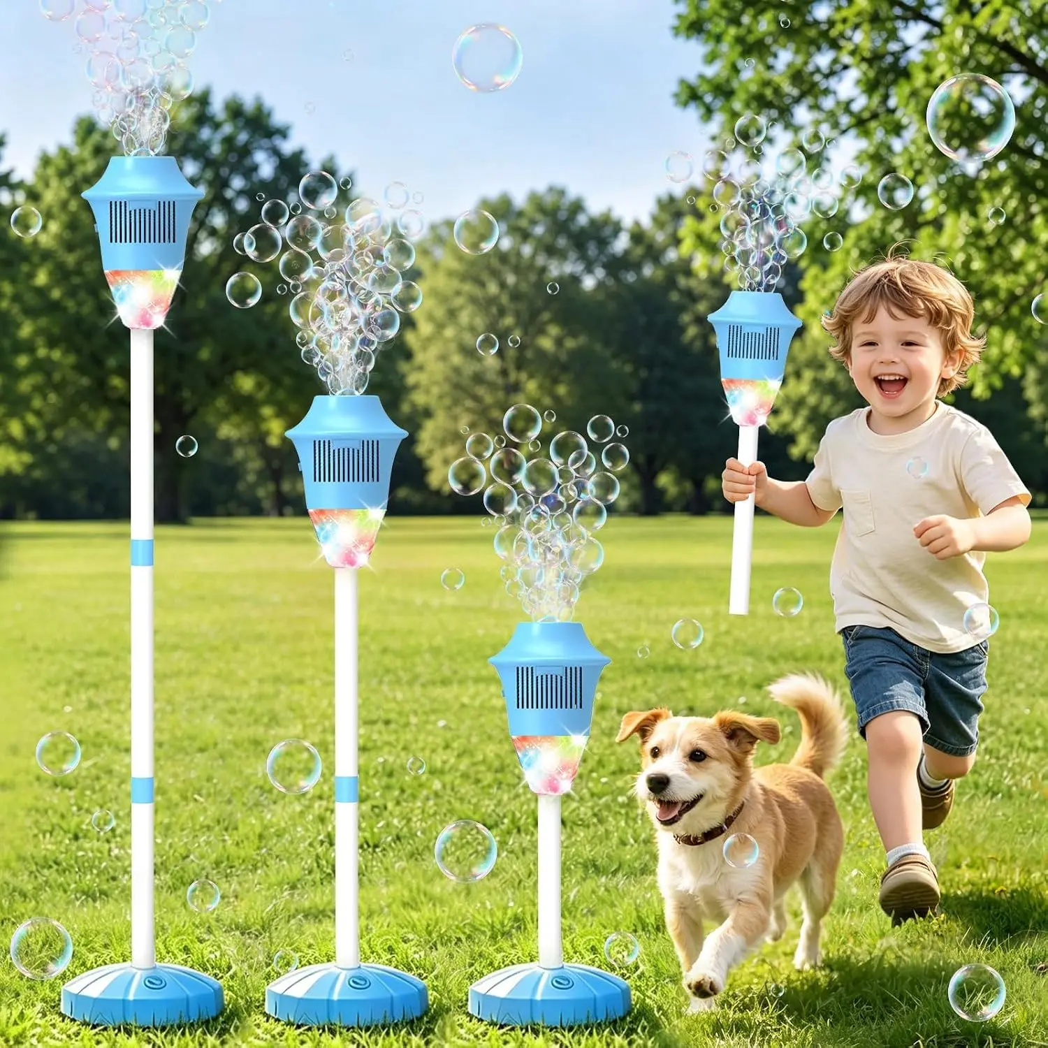 Multifunction Bubble Maker - Rechargeable Standing Bubble Blower Lamp with Light Music, Easy Refill, High Output, 3-Level Adjustable Torch for Outdoor Wedding, Kid Summer Garden Entertainment Toys