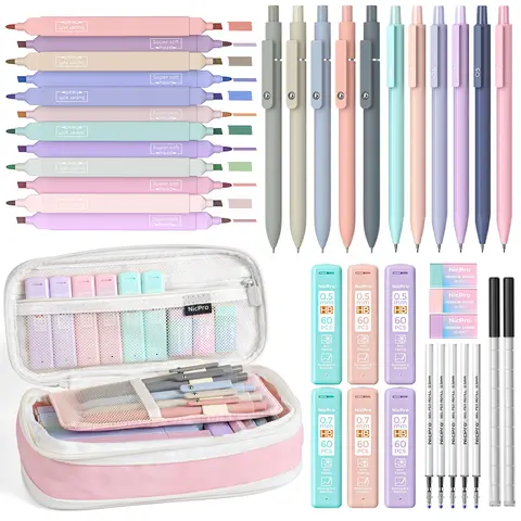 Nicpro 39-Pack Study Stationery Set for Students - Aesthetic Learning Materials with Large Capacity Pencil Pouch, 12 Pastel Highlighters, 5 Quick-Dry Retractable Black Ink Pens, 6 Pastel 0.5-0.7mm Mechanical Pencils (Ideal for Back to School), 0.5 Mm