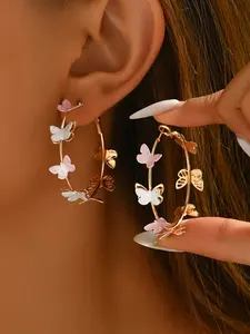 Elegant Butterfly Design Earrings, Multiple Layers Hollow Out Detailing, Large Circle Hook Earwear, Trendy Fashion Accessory, Fashionable Jewelry Accessories