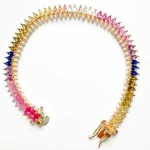14k Gold Plated Tennis Bracelet Multicolor Marquise AAA CZ Prong Set Box Clasp
