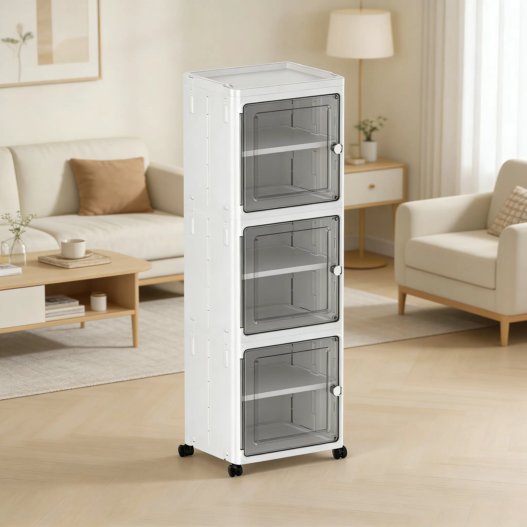 Collapsible Storage Boxes with Wheels & Lid, Clear Stackable Organizer Bins with Latch Door, Ideal for Household Organization