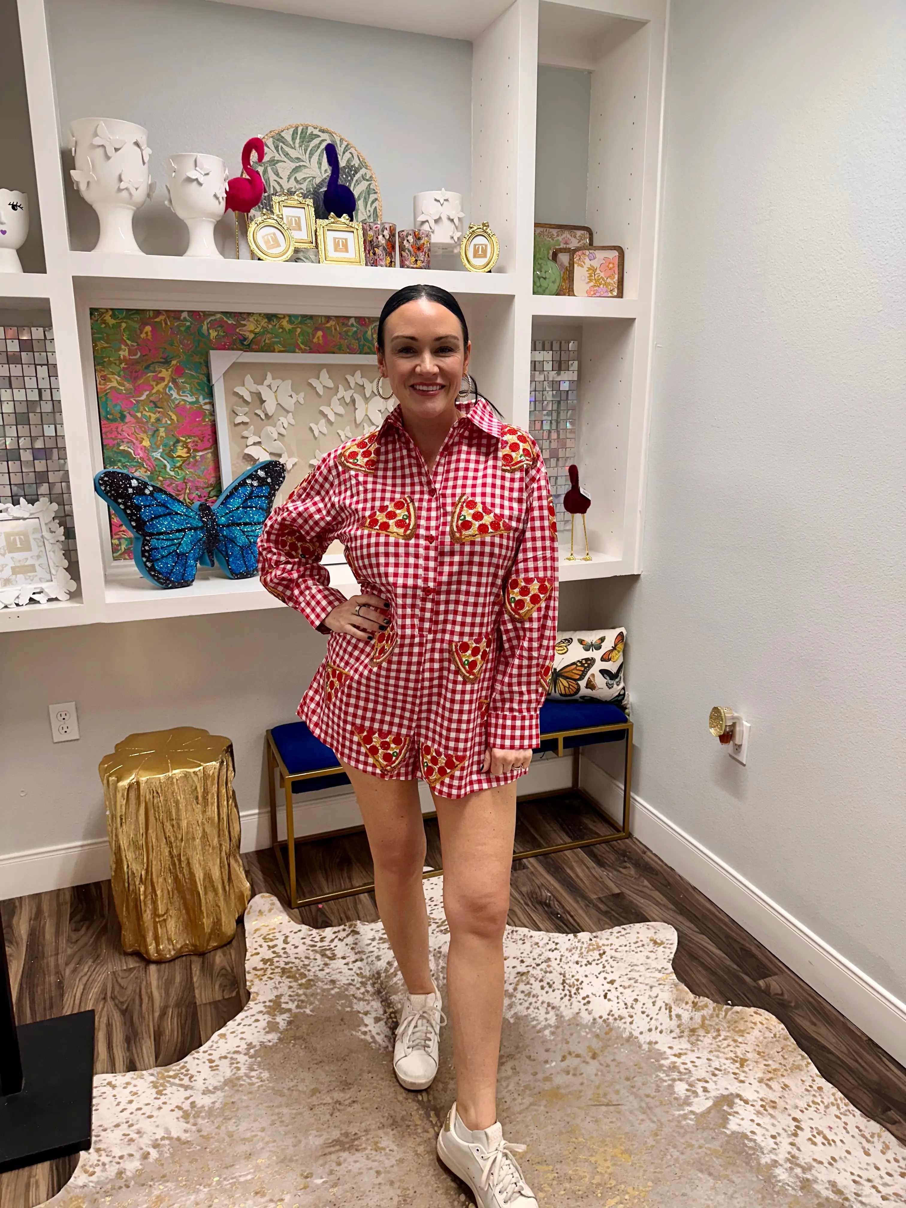 QOS Red & White Checkered Pepperoni Pizza Long Sleeve Button Up Cotton Romper