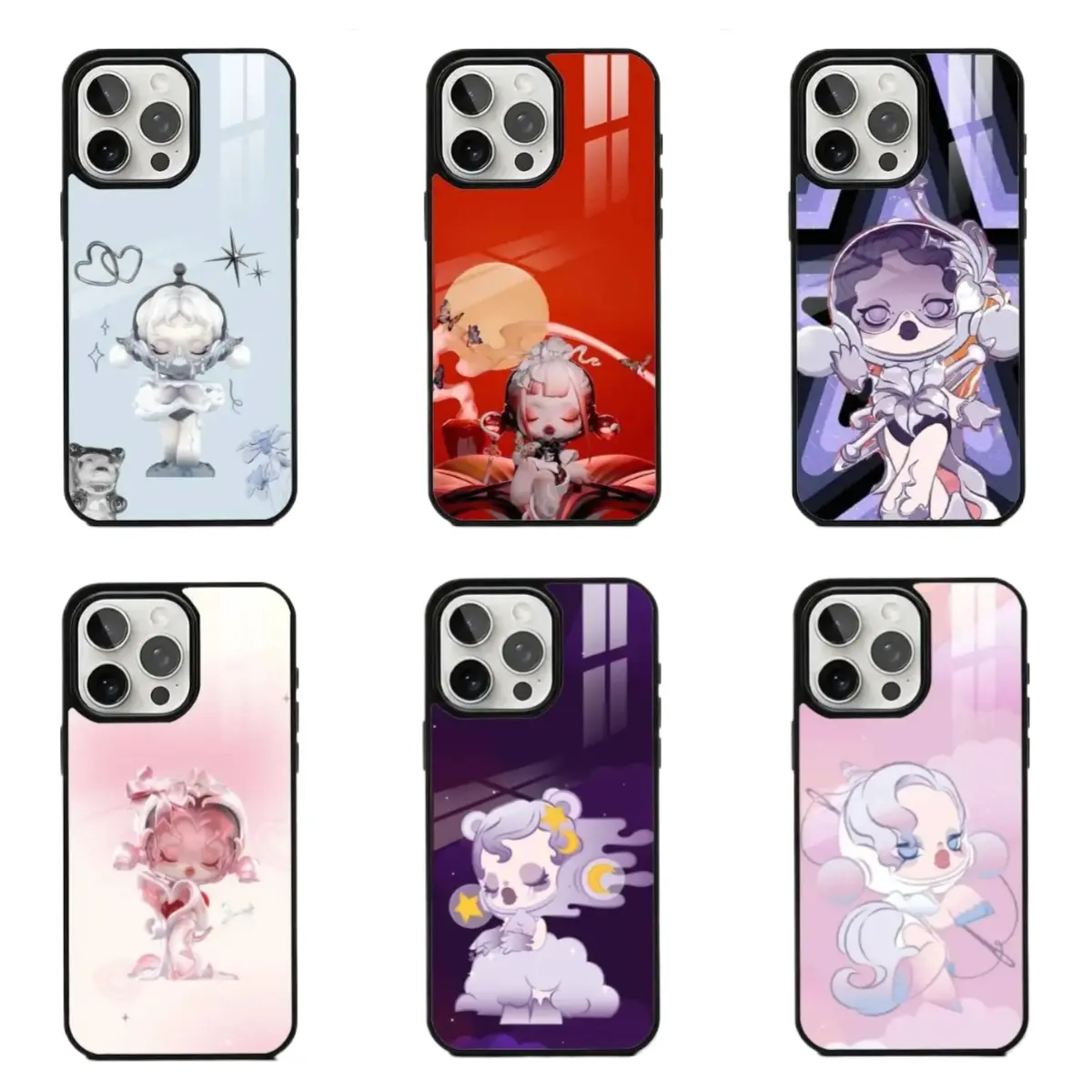 Cute Doll S-Skull P-Panda Mirror Glass Phone Cases For iPhone 17 Promax Pro Air 16 Plus 15 14 13 12 11 Shockproof Protective Cover Perfect Christmas Halloween Birthday Gift