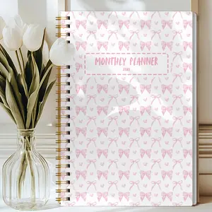 1pc 2026 A5 Monthly Planner Notebook, Academic Planner, Aesthetic Pink Bow Cover, Time Management, Productivity, Cute Agenda Book with Notes, To Do List, School Study Supplies, Office Organization Must Have, Great Gift