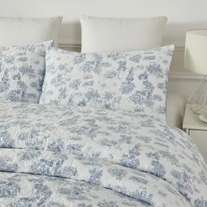 Twin Size Set Cotton Toile Bedding Blue Floral Vintage-Inspired Set 2-Piece