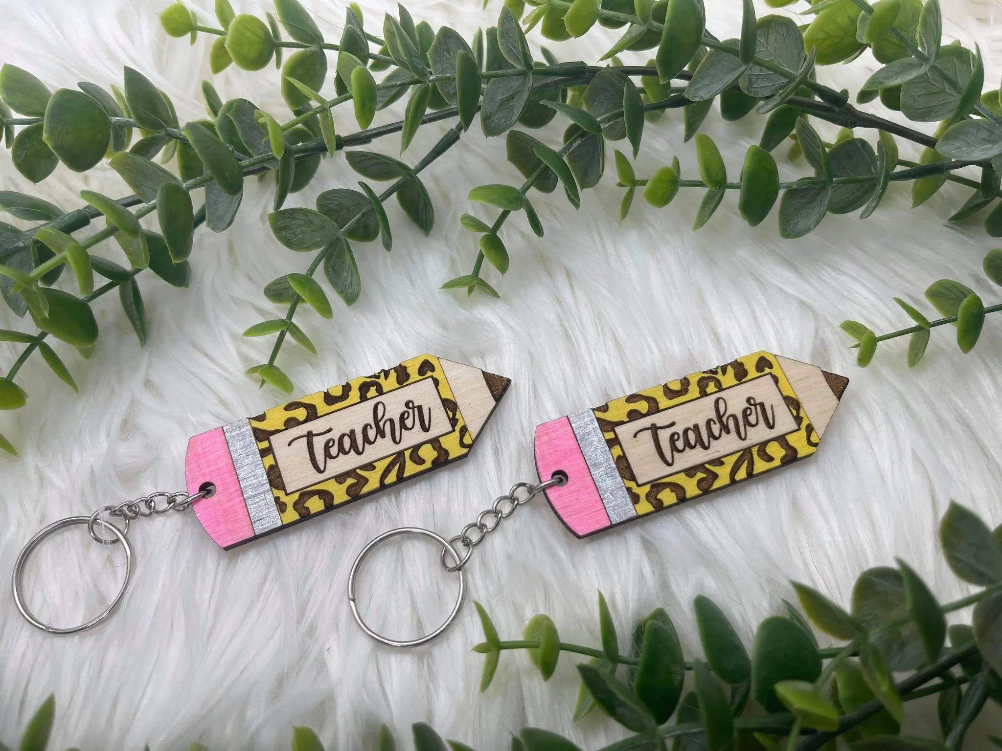 Custom Engraved Teacher Keychain - Hand Painted Wooden Keyring for Teachers