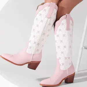 Chic Women's Cowboy Boots | Elegant Bow Embroidery & Color-Block Design on Knee-High Shaft | Pointed Toe & Chunky Heel for a Bold Western Look | Perfect for Prom, Party, or Dressy Casual Occasions.