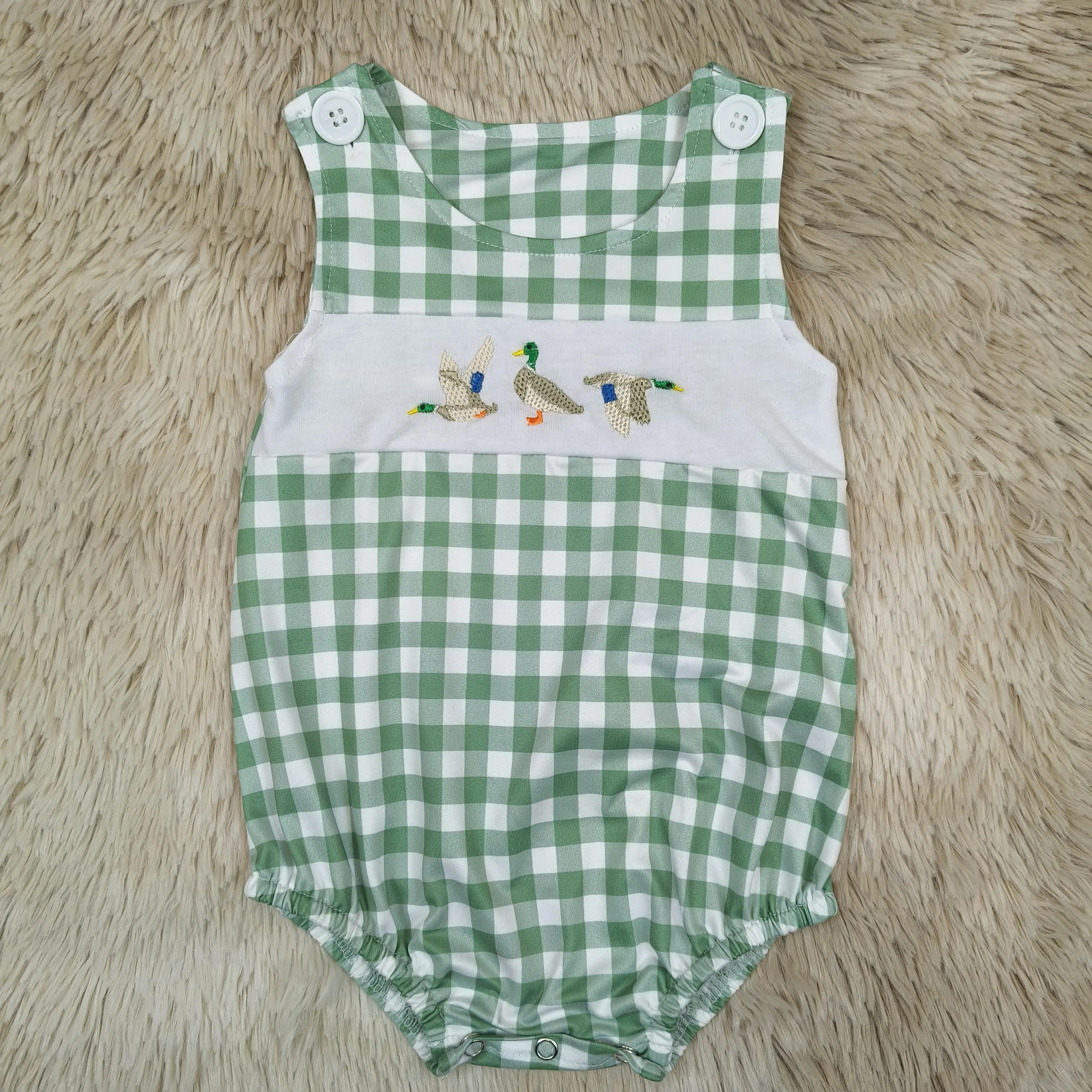 Baby Boy Fun Themed Bodysuit, Sleeveless Checkered Romper with Duck Embroidery, Crew Neck Infant Outfit for Summer, Fun Themed Bodysuits, Sleeveless Onesies, 2T, Romper Style Baby Boys Bodysuits & One-Pieces