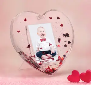 Mini Heart Shaped Picture Snow Globe Frame with Plastic Easel Stand for Personal Photos Perfect Valentine's Day Gift