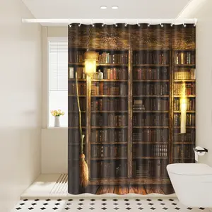 1pc Wizarding Library Shower Curtain, Vintage Bathroom Decor, Decoration, Bathroom Decoration Accessories, Magical Bookcase & Broom Design, 70.9x70.9in Hanging Curtain with Hooks, Ideal Gift for Housewarming or Friends, Bathroom Curtains