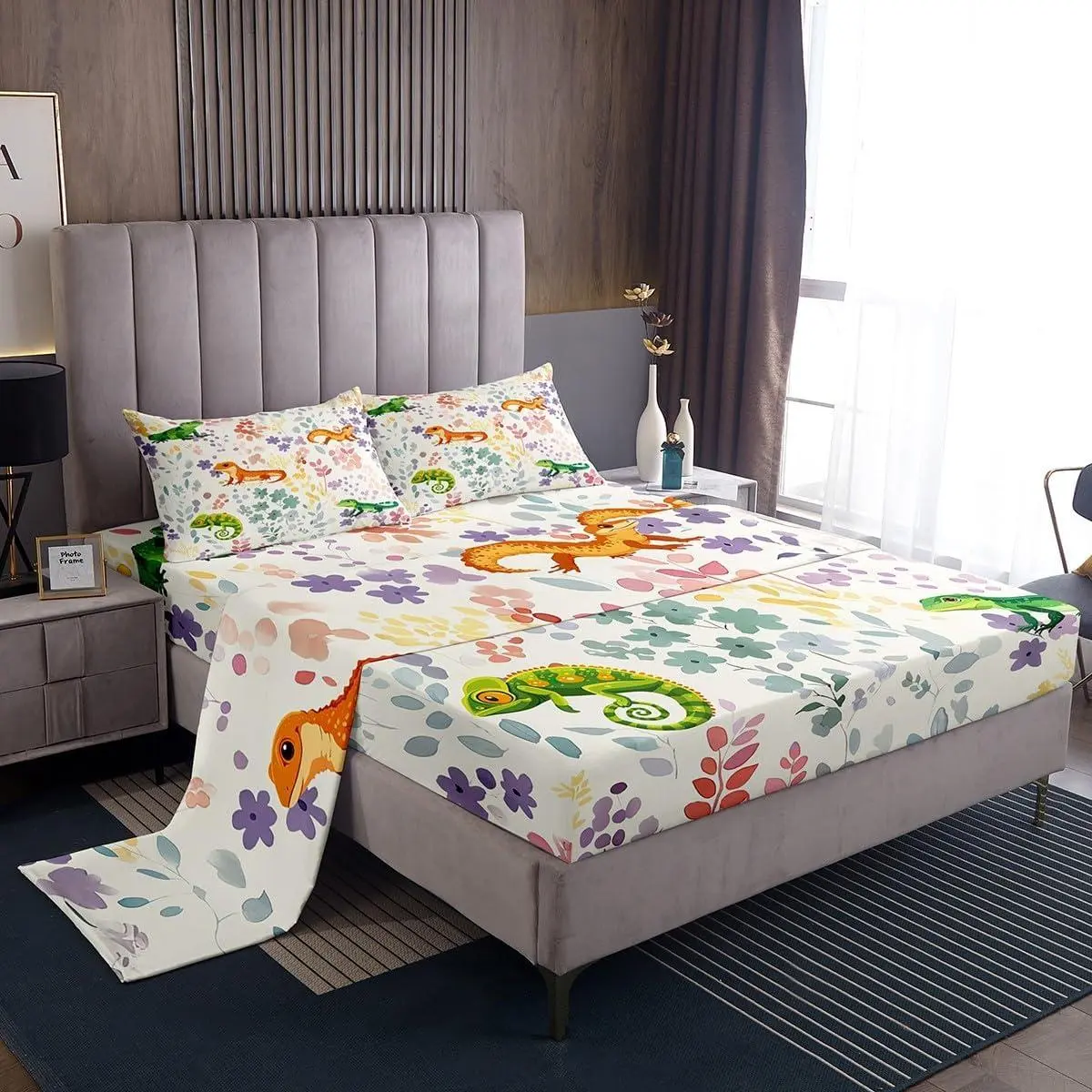 Reptile Lizard Bedding Set,Cartoon Gecko Chameleon Bed Sheets Set for Kids Girls Boys,Cute Colorful Floral Sheets Wildlife Animal Fitted Sheet Set with 1 Flat Sheet