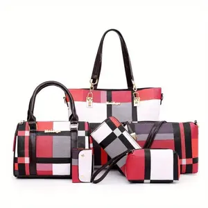6-piece set of large-capacity checkered style bag combination, including handbag, crossbody bag, clutch,longwallet and short wallet, covering all types. It is simple, versatile and extremely practical.