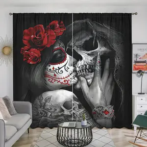 1 set of 2 pieces, Gothic skull rose printed curtains, 3D digital printing, dark art style, semi transparent, pole pocket style, suitable for living room, bedroom, study, kitchen home decoration curtains, anti privacy, easy to clean. All season rock punk