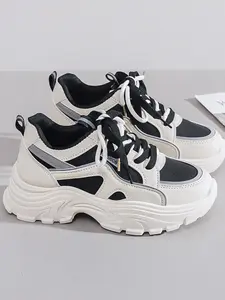 Women's Spring Casual Patchwork Sneakers, PU Material Upper & Sole, Thick Bottom Design, All-Season Comfortable Footwear
