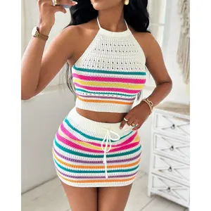 Multi-colored striped crochet backless top and skirt set 2 Piece Sets for Women Summer Halter Neck Hollow Crochet Tops Mini Skirt Set with Tied Sexy Beach Outfits Summer Knit Vacation Beach Outfits Crop Top skirts summervibes