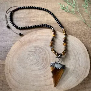 Tiger Eye Beaded Natural Lava Rocks Arrowhead Charm Pendant Meditation Protection Healing Malar Men Women Necklace Crystal Chakra