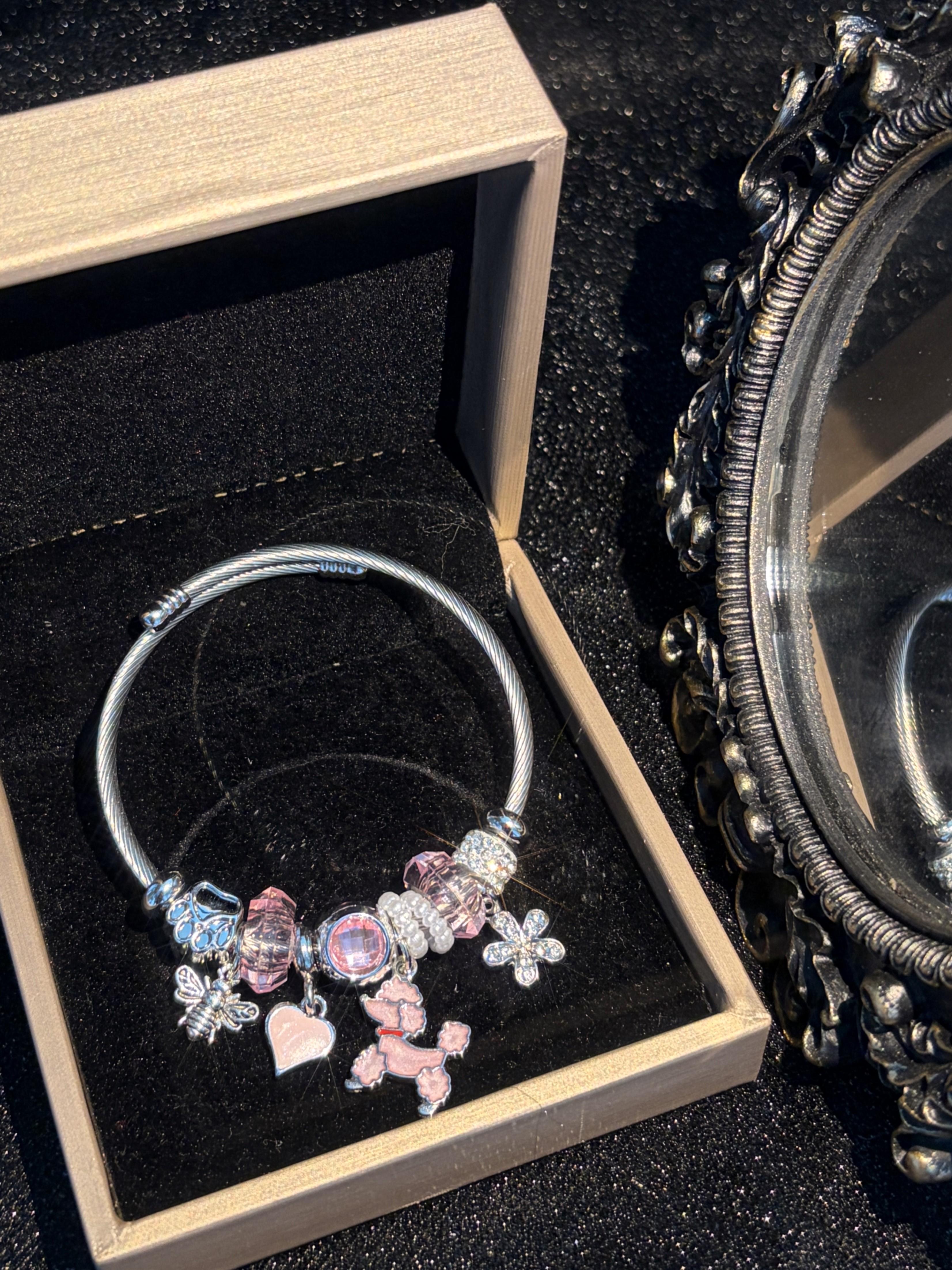 Women's Silver-Tone Open Cuff Bangle Bracelet with Cute Pink Poodle Charm, Heart Flower Crystal Beads, Stackable Sparkly Costume Jewelry Gift