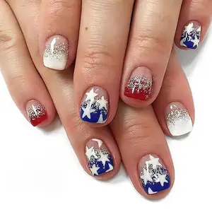 Star Spangle Glitter Press On Nails | CurvLife Nail | 24pcs Medium Round Fake Nails | Glossy Finish with Sparkling Stars & Patriotic Colors | Easy to Apply, Comfortable & Long-Lasting | Great for July 4th, Parades, Festivals & National Holidays