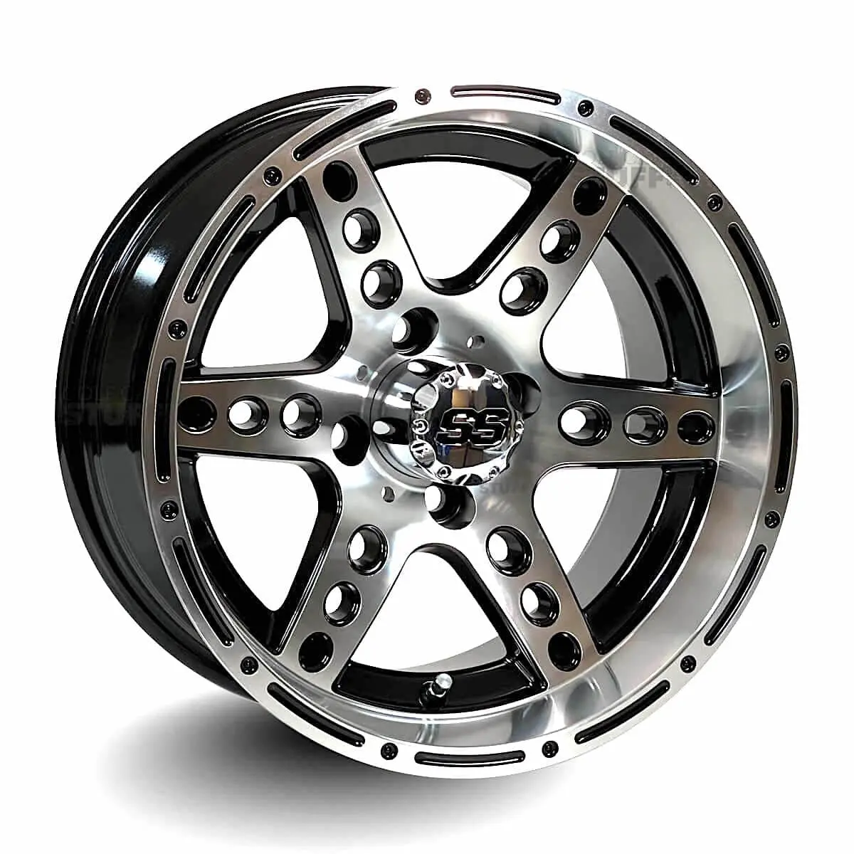 14" Dominator Black & Machined Aluminum Golf Cart Wheels - 14"x7" ET-15 Offset