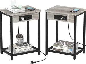 Night Stand Set of 2, Nightstand with Charging Station, End Table with USB Ports and Power Outlets, Small Bedside Table for Bedroom Farmhouse