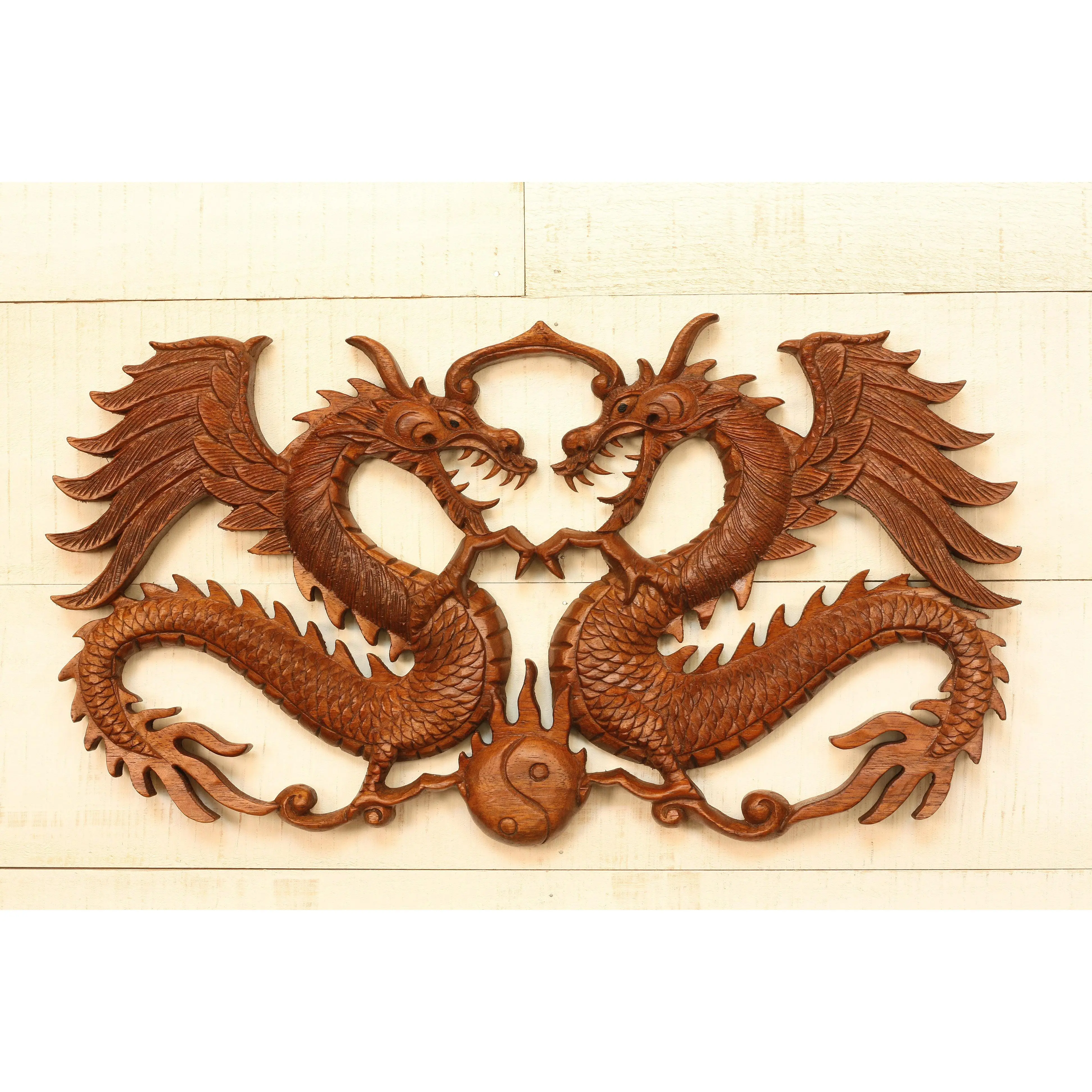 16" Wooden 2 Dragons Wall Hanging Hand Carved Relief Plaque Statue Sculpture Handcrafted Gift Art Home Decor Figurine Accent Decoration Handmade