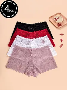 Women's 4pcs Plain Leaf Pattern Print Lace Boxer Briefs, Elegant Scallop Trim Soft Comfortable Breathable Panties, Women's Knickers Underwear for All Seasons Daily Wear, Sheer Lace Briefs Multipack