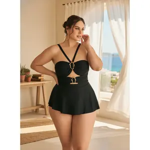 Plus Size Swimsuit Women - Black Openwork Metal Detail Swimdress - Beach Swimwear - Slimming Bathing Suit - Holiday Cover-Up