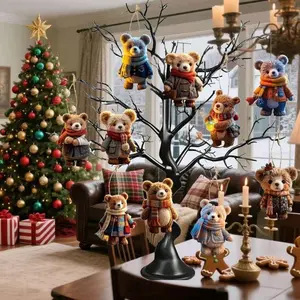 Cute Bear Wooden Flat Hanging Pendants, 10-Piece Set Cartoon Bag Charms Keychains Christmas Tree Decorations, Perfect Gift Idea